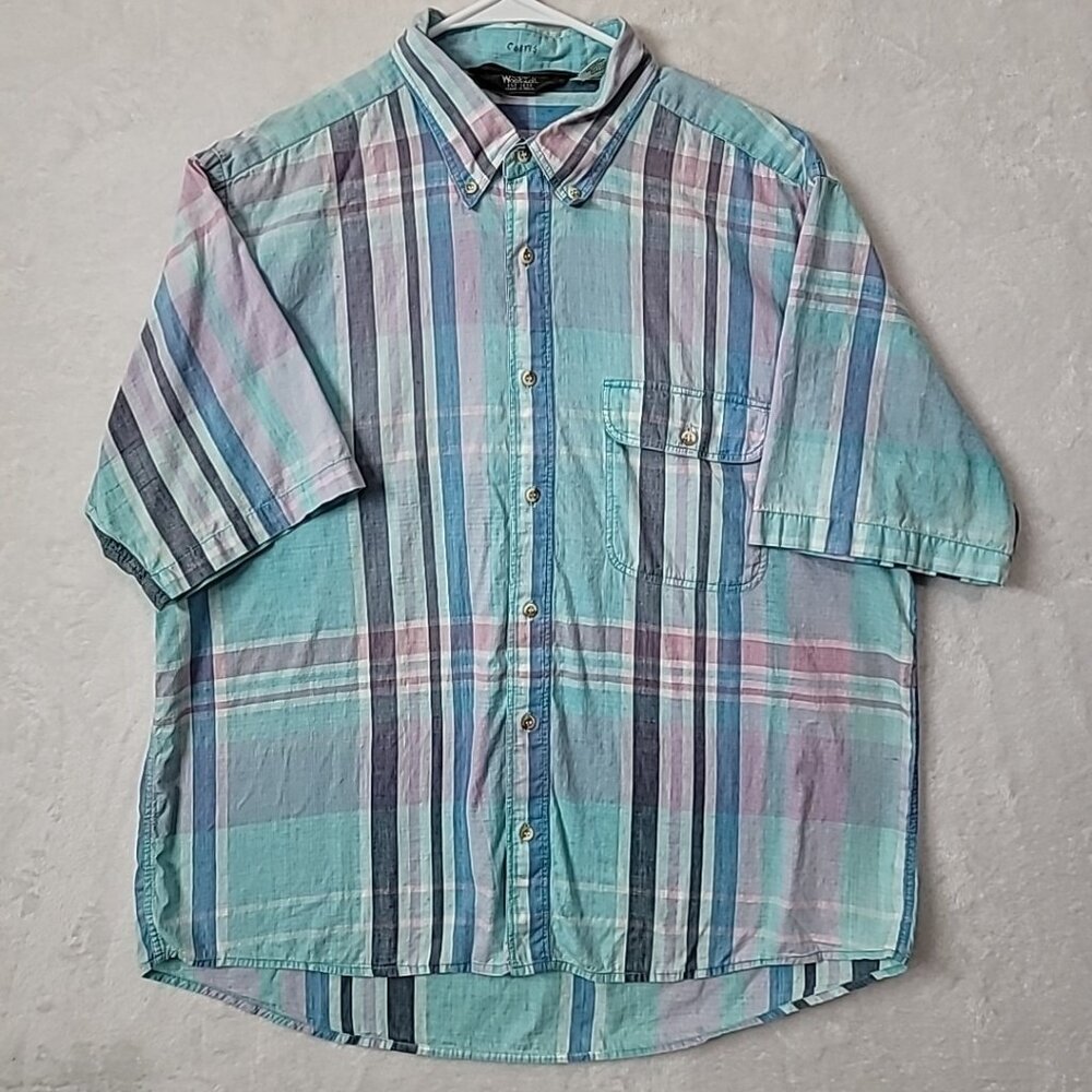 VTG WOOLRICH Mens Madras Plaid Short Sleeve Button Down Shirt Size XL Colorful